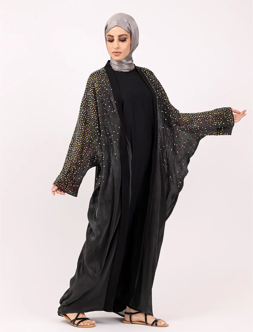 Black Multi Crystal Embellished Sheer Overlay Abaya